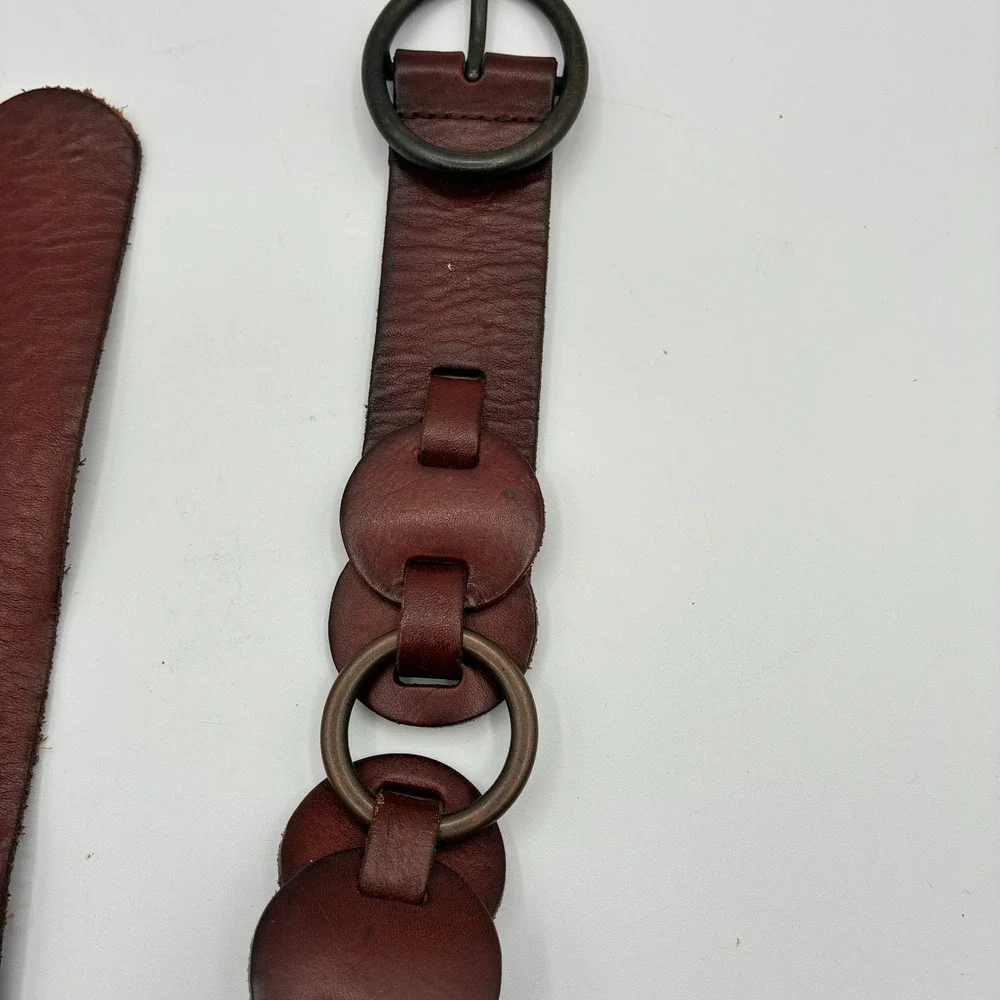 Fossil Brown Leather Belt Womens S Linked Disc Antique Brass Boho Festival